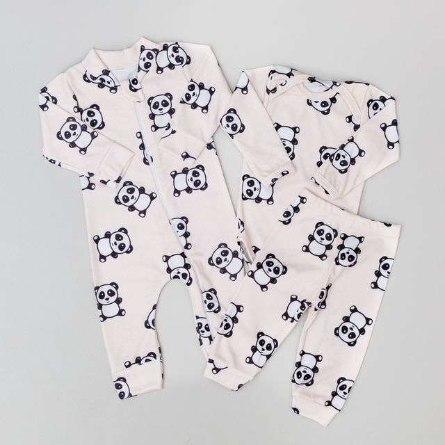 Kit 3 Peças Bebê Suedine Panda Off Unissex Antialérgico 100% Algodão Body Calça e Macacão Longo em Oferta na Shopee