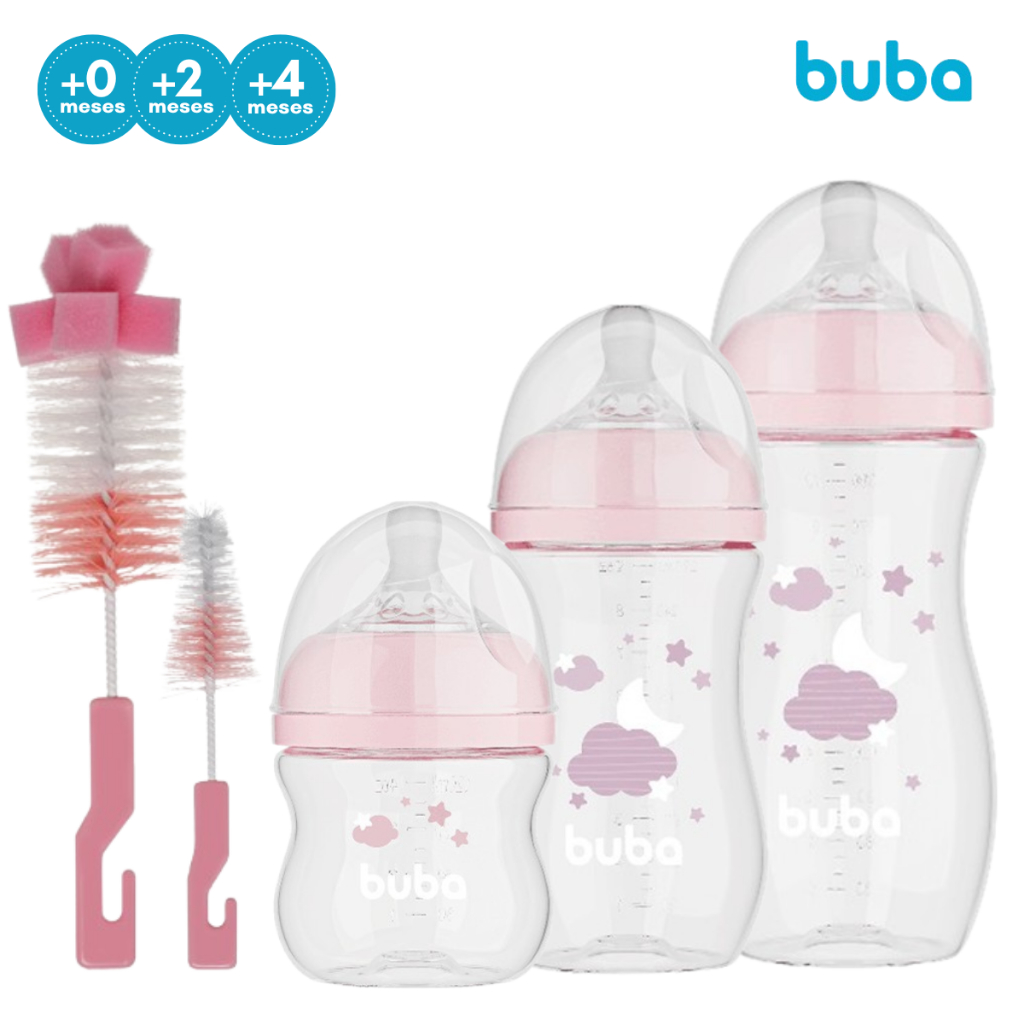 Kit Mamadeiras Menina Buba Anticolica 120/270/330 ml Bico Redondo + Escova de Lavar Mamadeira Rosa