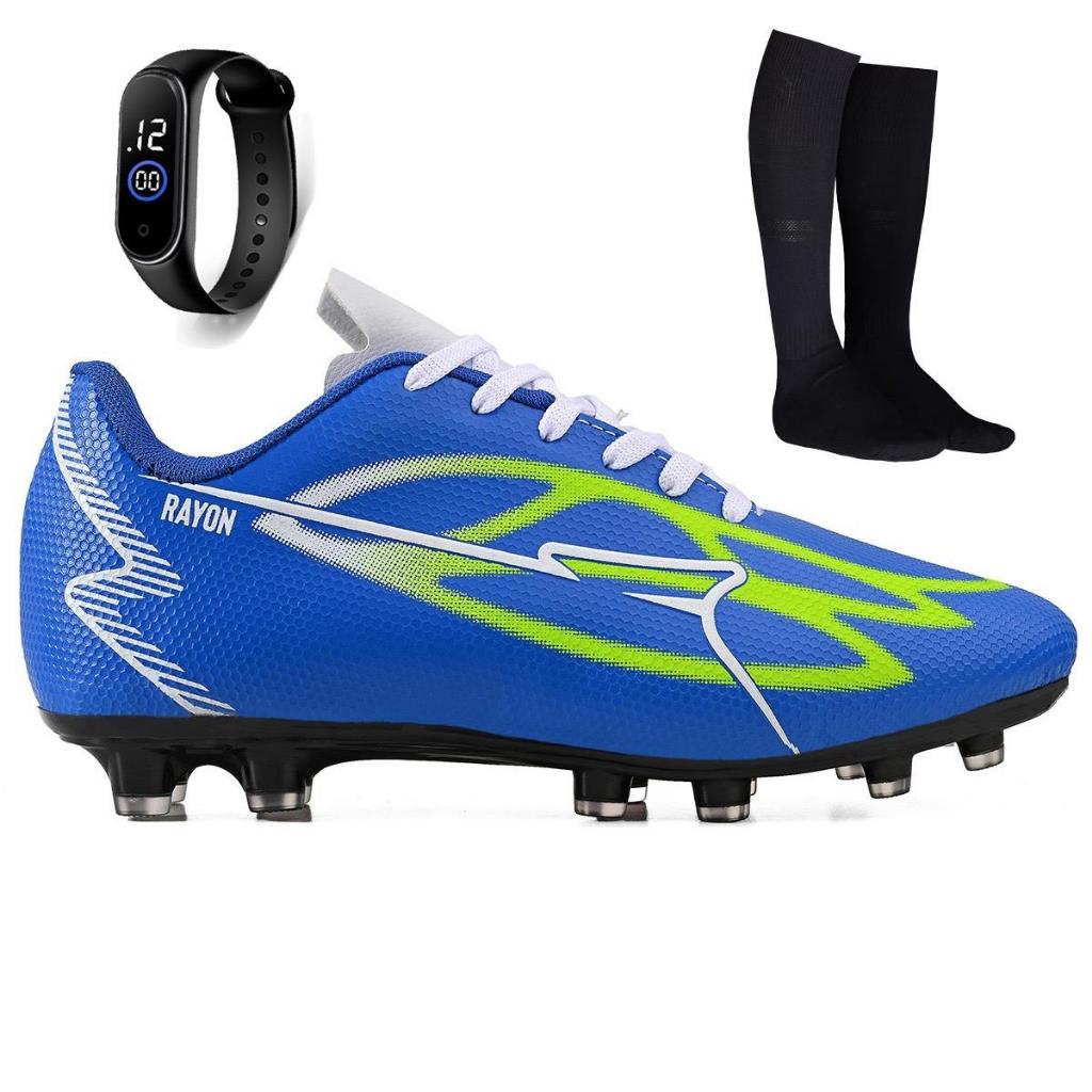 Kit Chuteira Futebol Profissional Masculina de Couro Trava + Meião + Relógio