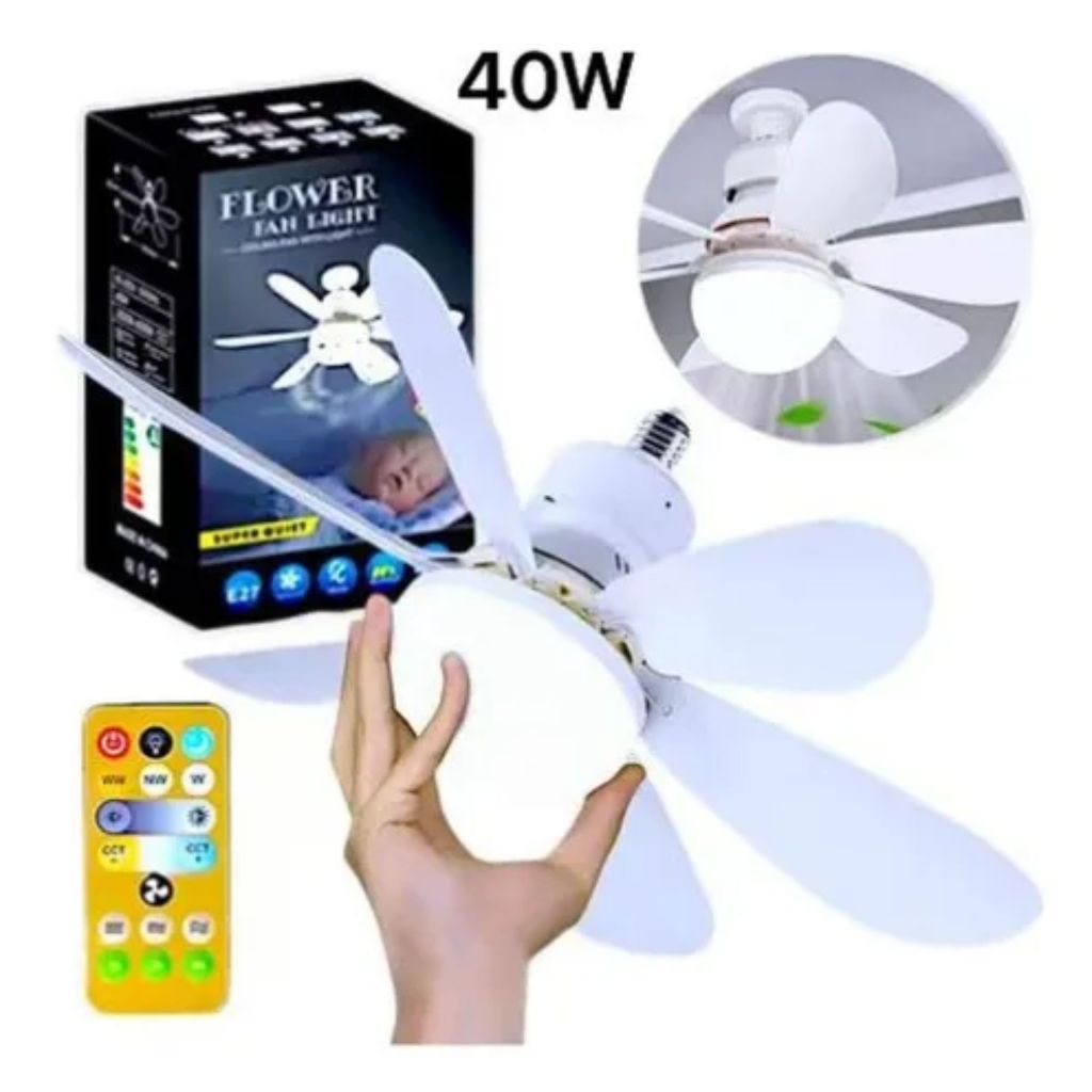 Lâmpada Ventilador de Teto com Controle Remoto 3 Tons de Luz 6 Hélices Silencioso Econômico Bivolt Soquete E27 Para Refr