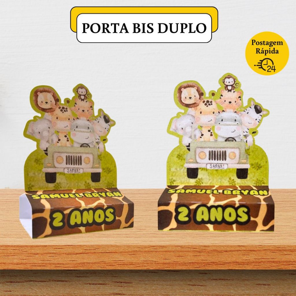 36 Porta Bis Duplo Personalizado Safari – Lembrancinha Festa Infantil, Aniversário, Decoração Menino e Menina