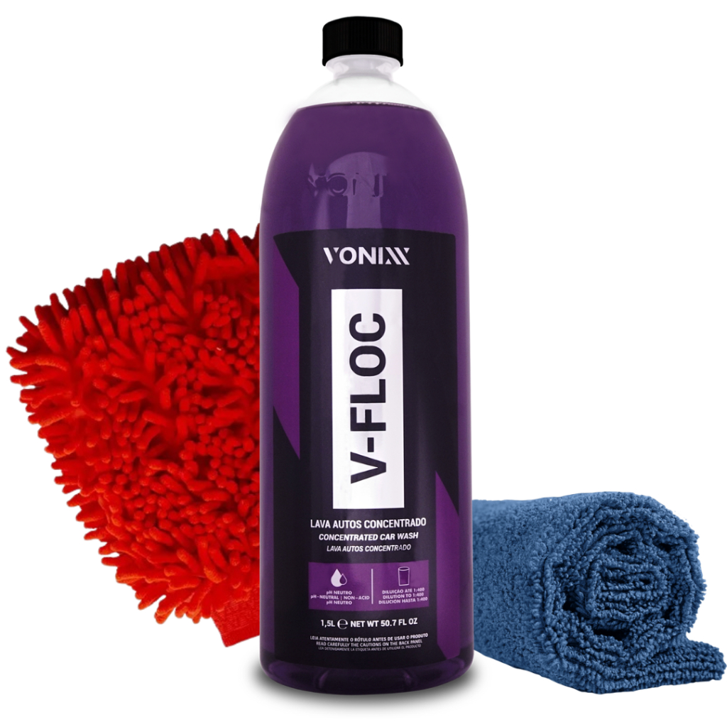 Shampoo V-floc Vonixx 1,5l + Toalha Secagem Luva Microfibra