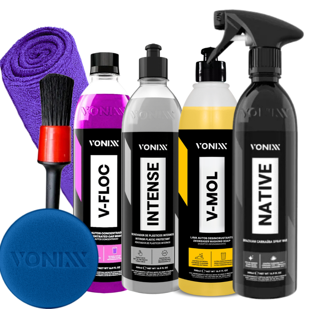 Kit Vonixx Produto para Lavar Carro Moto Encerar Shampoo V-Floc e V-Mol Cera Native Intense