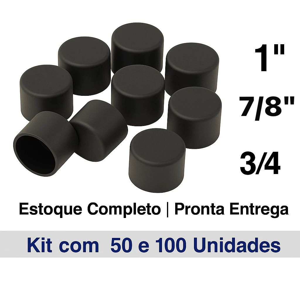 Kit com 50 e 100 Ponteiras externa 7/8" - 3/4" E 1" Tampa Plástica Preta p/ Tubo Metalon