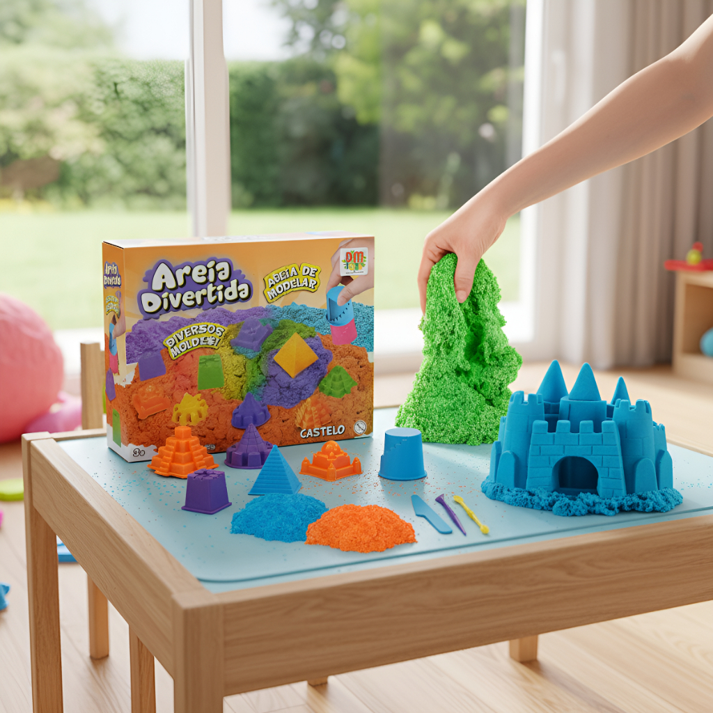 Kit Areia Castelo Brinquedo Sensorial Areia Cinetica De Modelar Com 300G + 6 Moldes Sortidos - Dm Toys em Oferta na Shopee