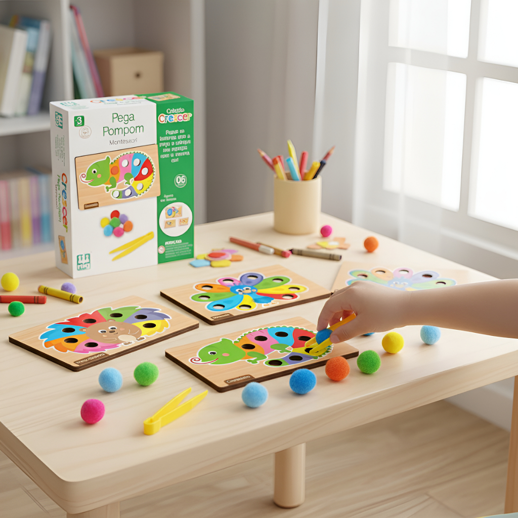 Jogo Pega Pom Pom Em Madeira Coordenação Motora E Distinção De Cores - Nig Brinquedos