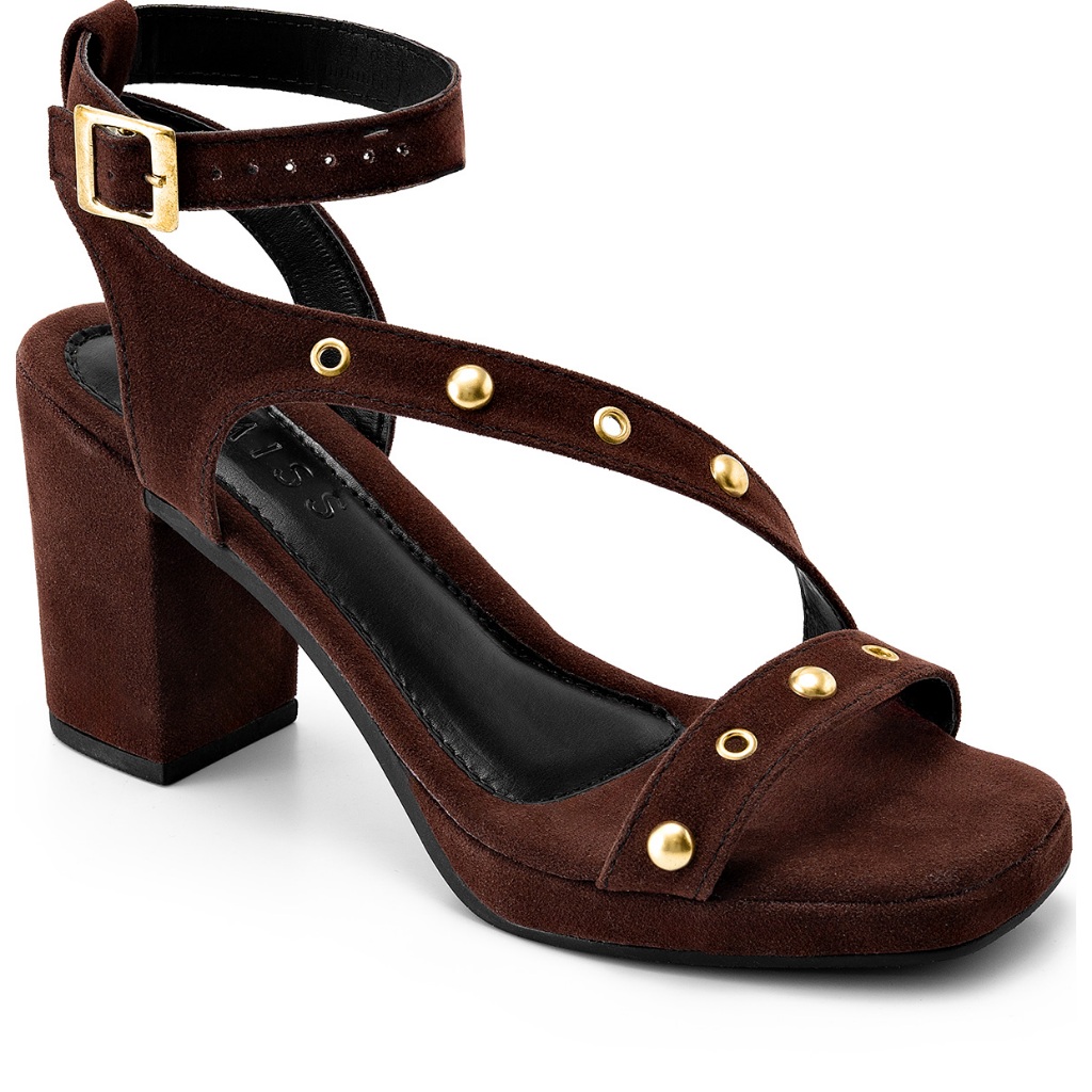 Sandália Feminina Meia Pata Lumiss Salto Alto Bloco Camurça Tachas Dourada Marrom em Oferta na Shopee