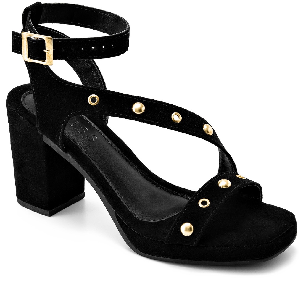 Sandália Feminina Meia Pata Lumiss Salto Alto Bloco Camurça Tachas Dourada Preto