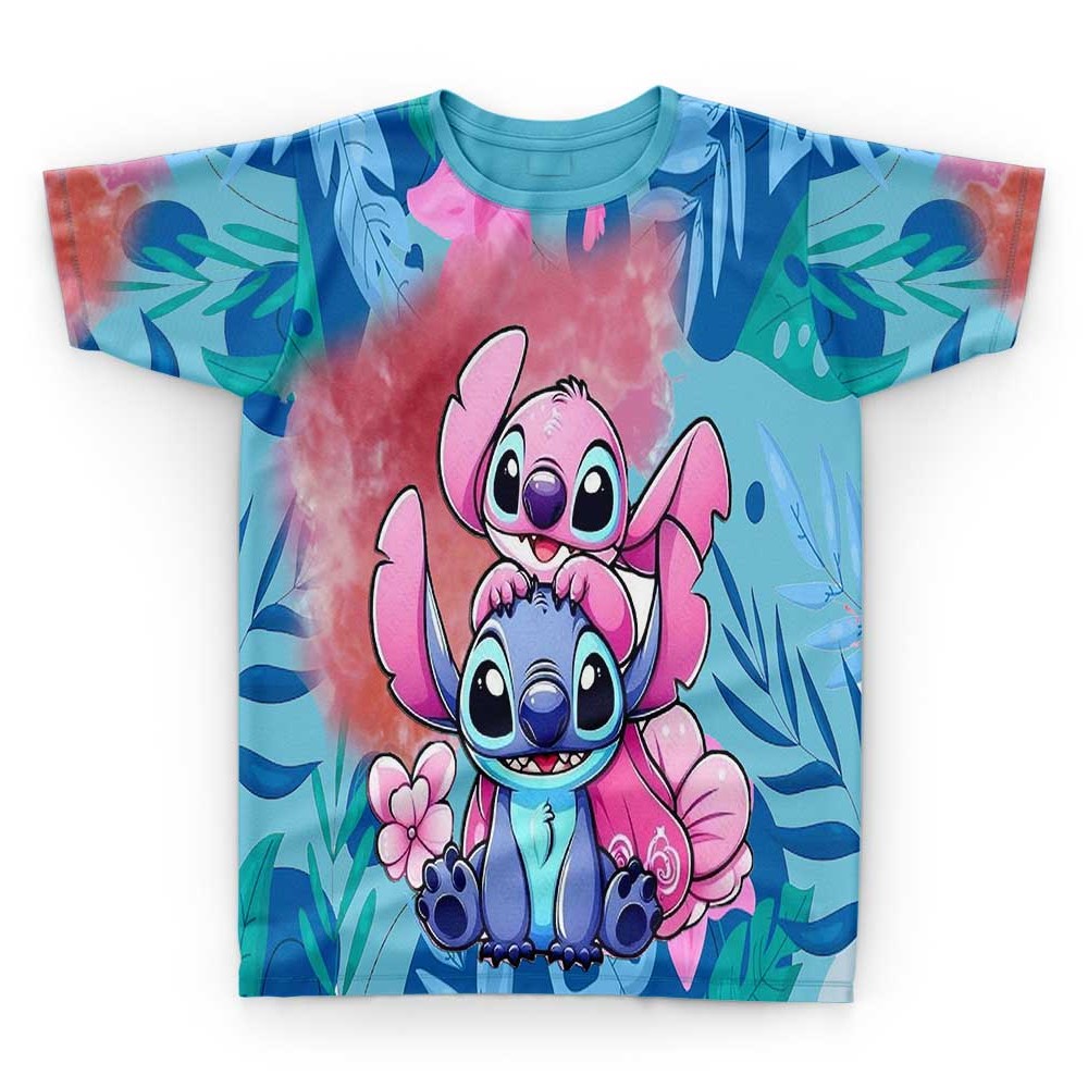 Camiseta Camisa LiLo Stich Angel e Stich Adulto e Infantil Estampada Frente e Costas