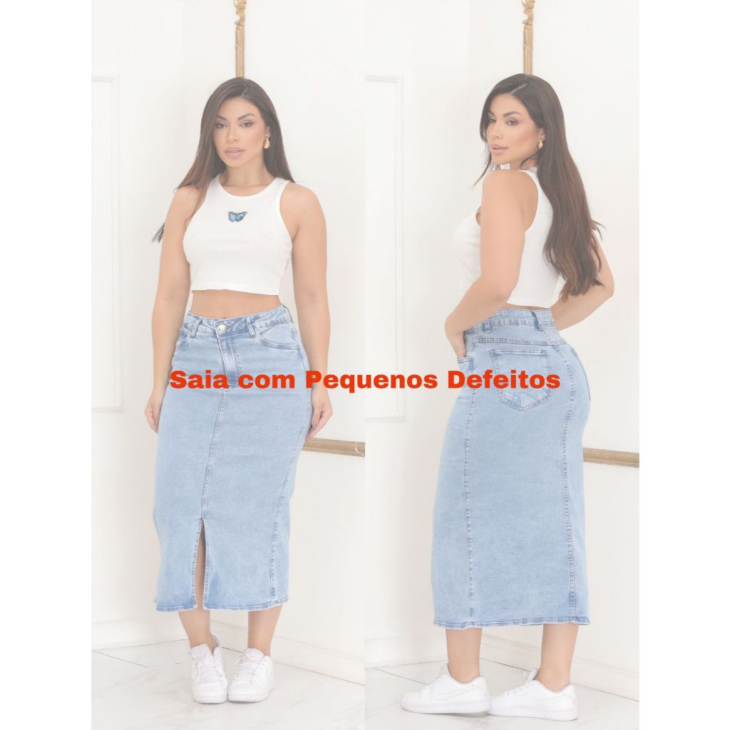 Saia Midi Lápis Jeans Com Pequenos Defeitos Avarias Com Lycra em Oferta na Shopee