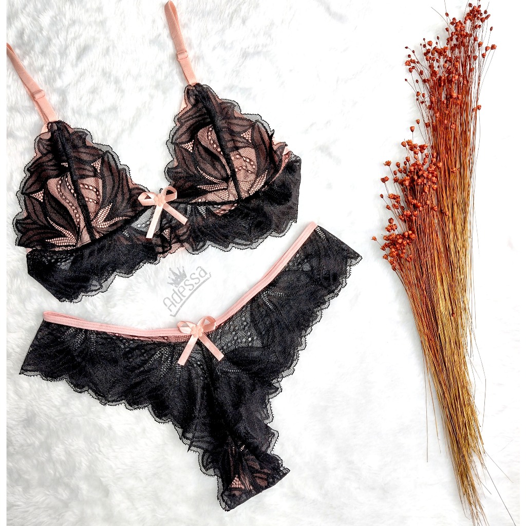 Conjunto Lingerie Aurora Bicolor Renda Com Fecho CJAB028 em Oferta na Shopee