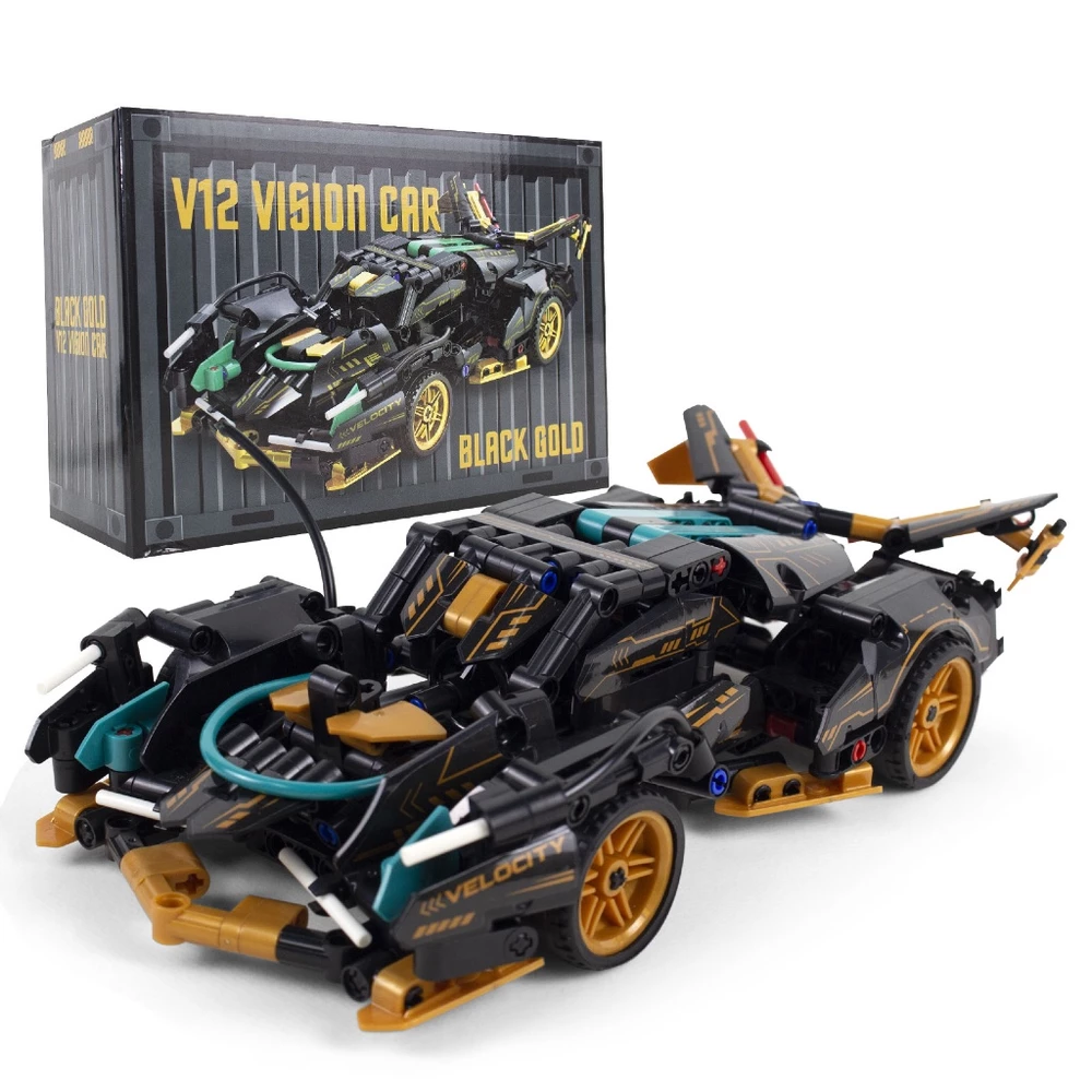 Super Carro Esportivo de Montar Preto com Detalhes Amarelo– Kit de Construção 3D com Design Incrível
