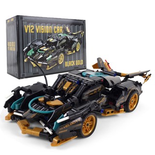 Super Carro Esportivo de Montar Preto com Detalhes Amarelo– Kit de Construção 3D com Design Incrível