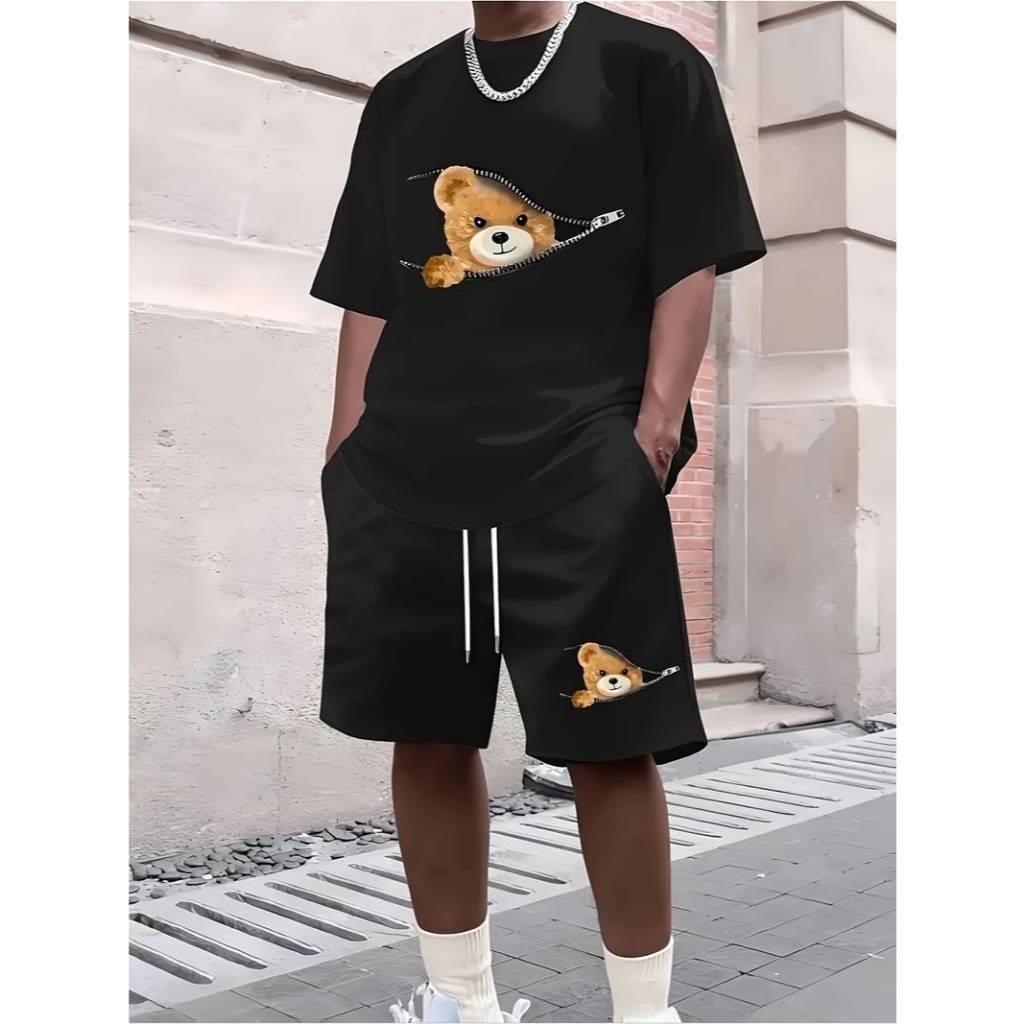 Camiseta Masculina Algodão Urso Streetwear Bermuda Conjunto Moletinho Estampada