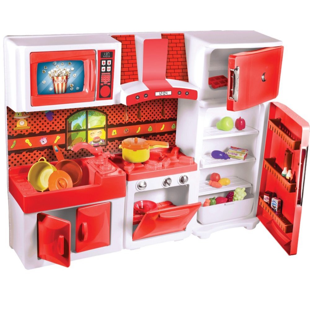 Cozinha Infantil Completa Brinquedo com Fogão Geladeira Utensílios e Acessórios Panelinha Verduras