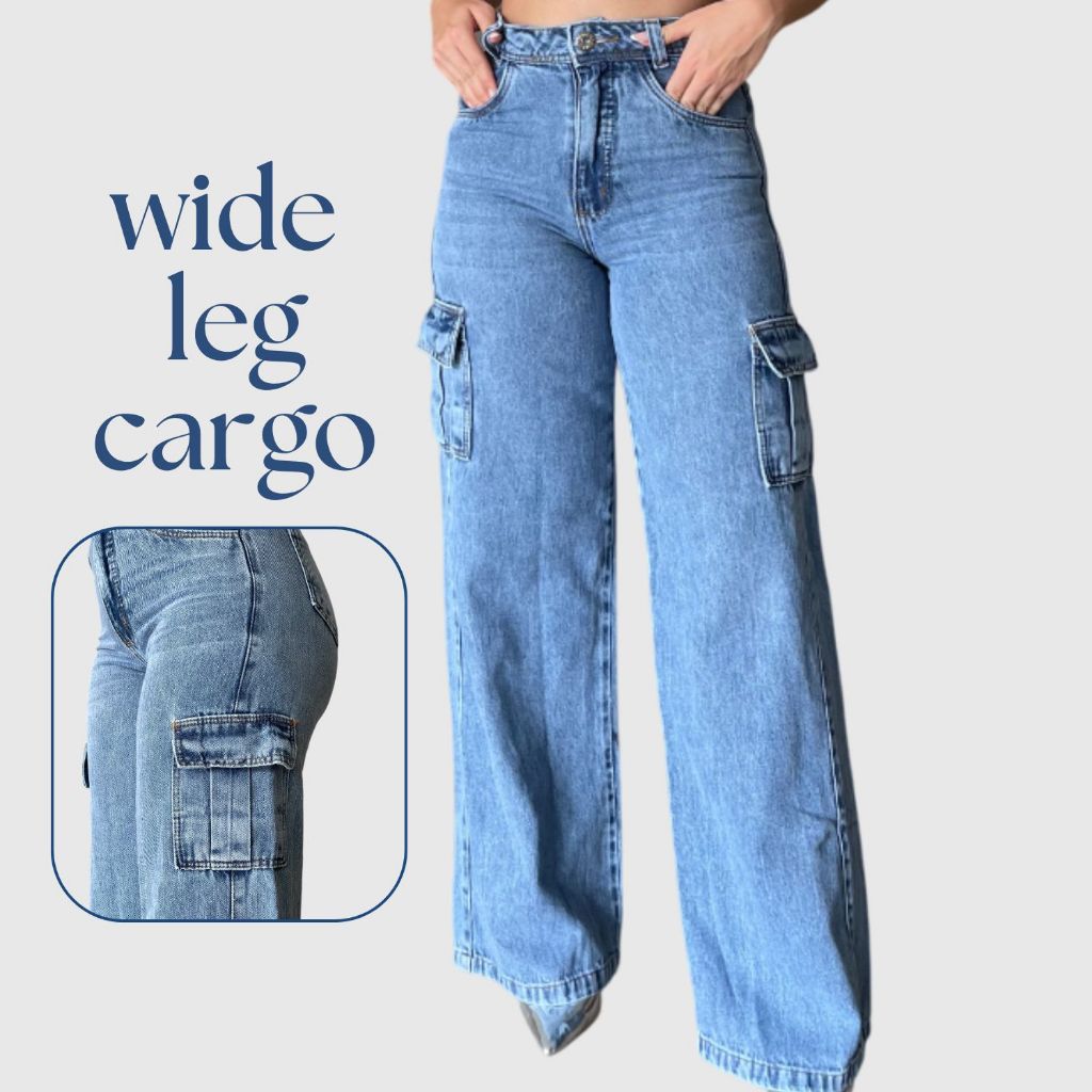 Calça Jeans Feminina Wide Leg Cargo Cintura Alta com Bolso tecido 100% Algodão em Oferta na Shopee