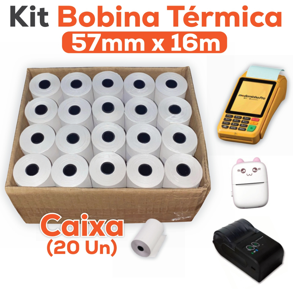 Bobina Térmica 57x16 – Caixa com 5 10 e 20 Rolos Máquininha de Cartão e Mini Impressora Térmica Psr