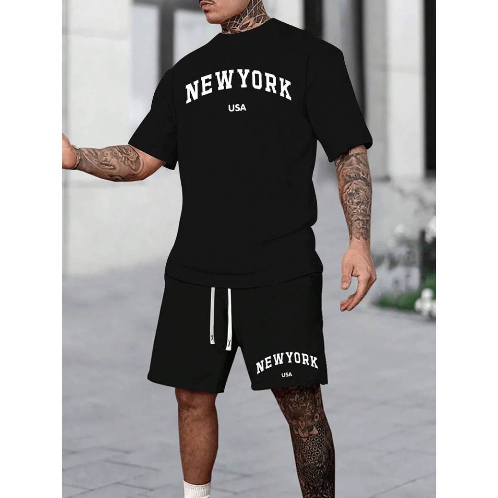 Camiseta Oversized Gola Redonda New Shorts Moletinho Cordão York Masculino Conjunto Verão