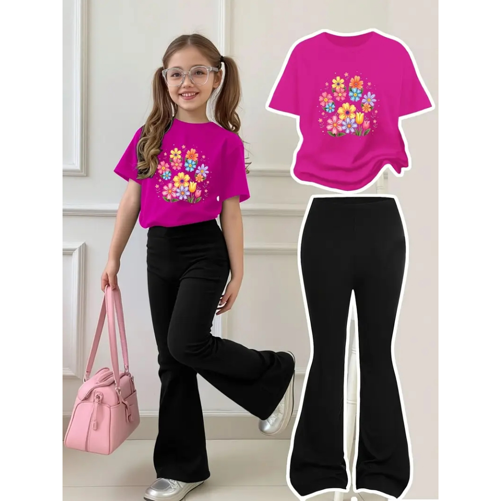 Conjunto Infantil Camiseta+Calça Moletom Flare Estampa Floral Delicada