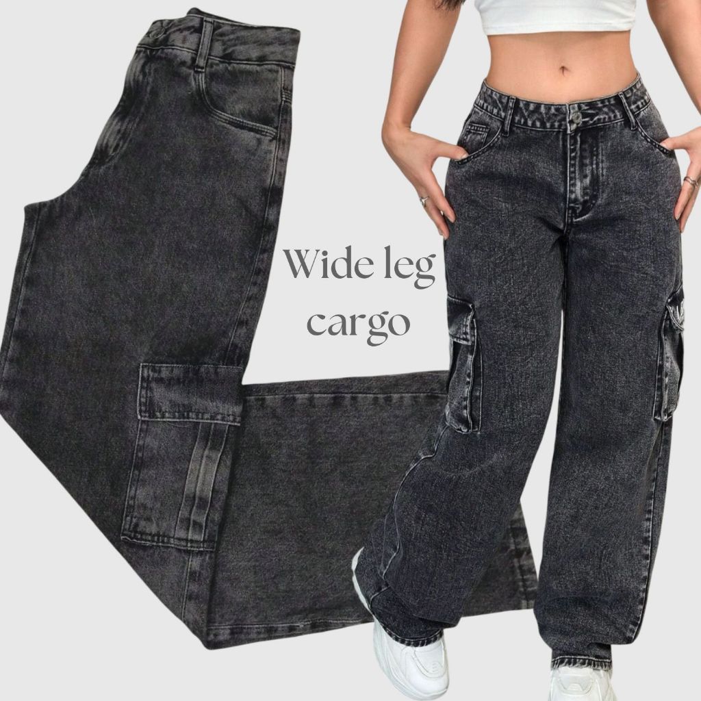 Calça Wide Leg Cargo Jeans Feminina Cintura Alta com Bolso tecido 100% Algodão Pantalona em Oferta na Shopee