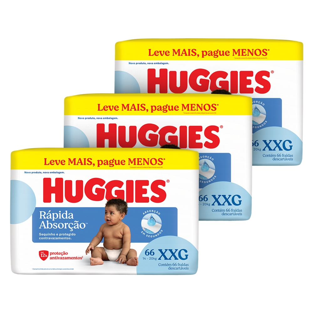 Fralda Descartável Huggies Tripla Proteção Hiper Tamanho XXG - 3 Pacote com 66 Fraldas - Total 198 Tiras em Oferta na Shopee