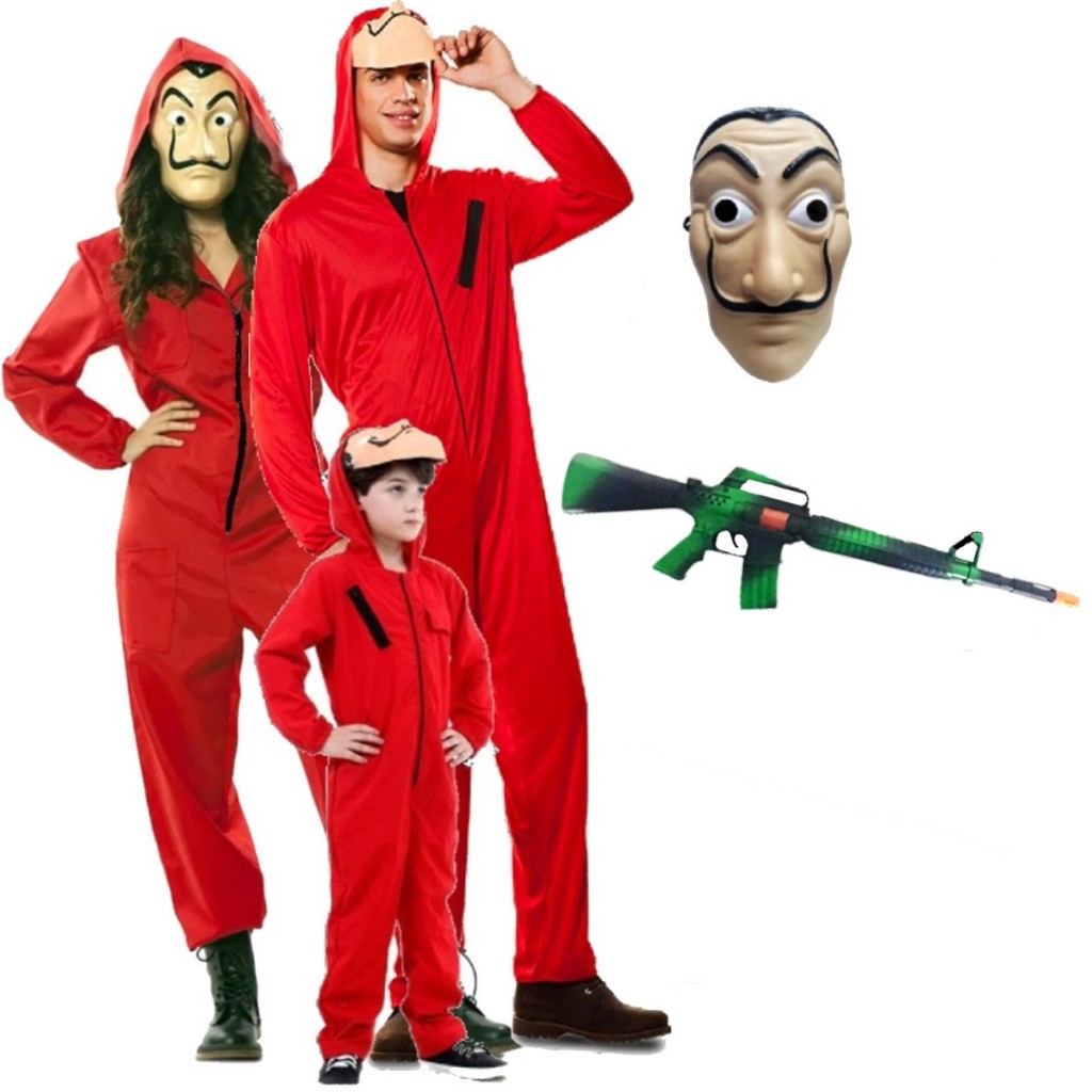 Fantasia Macacão Vermelho La Casa de Papel Máscara Plástico Metralhadora Infantil Adulto Cosplay