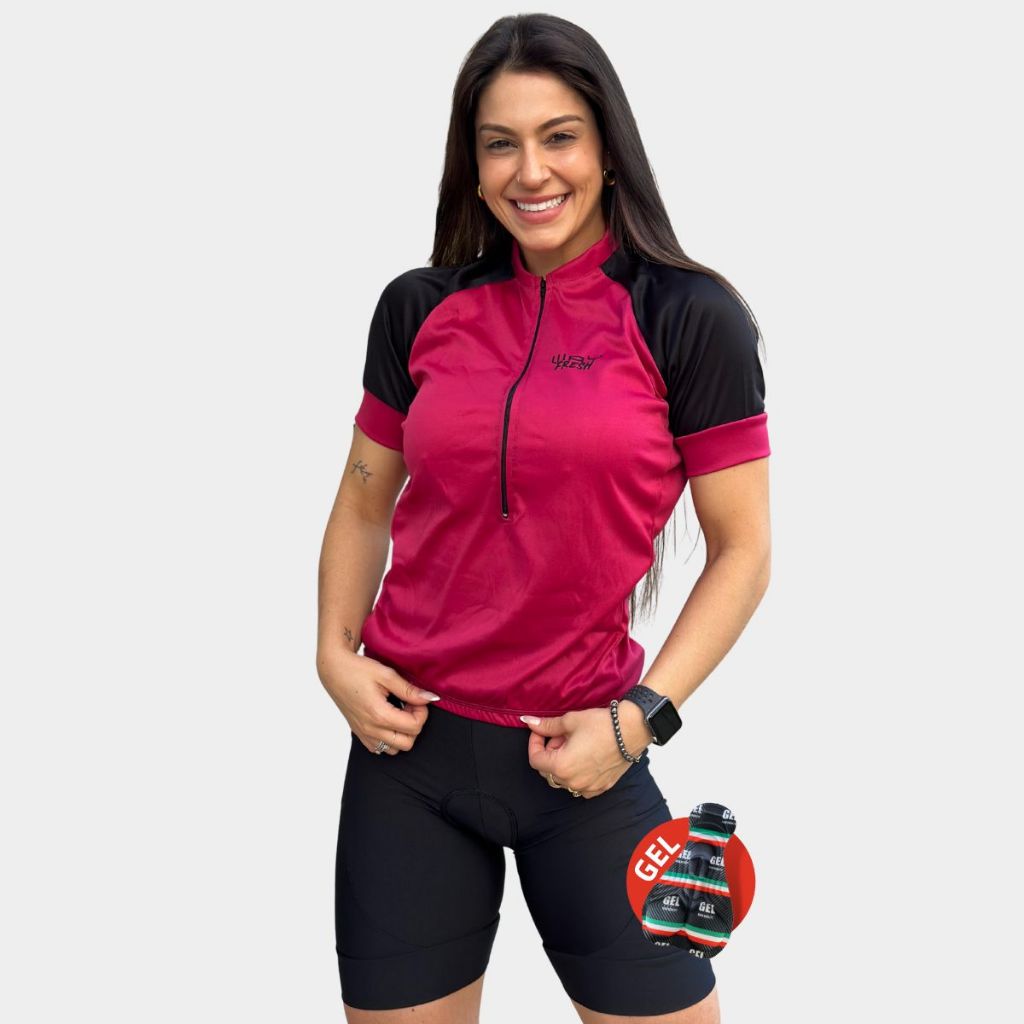 Conjunto Feminino Blusa Camisa Slim Bermuda Short Forro Gel Ciclismo Bike Pedal Speed
