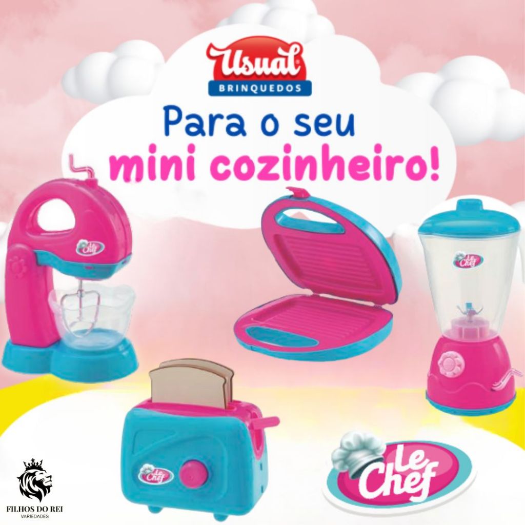 Kit de Cozinha Infantil Liquidificador, Batedeira, Torradeira e Sanduicheira Infantil Le Chef