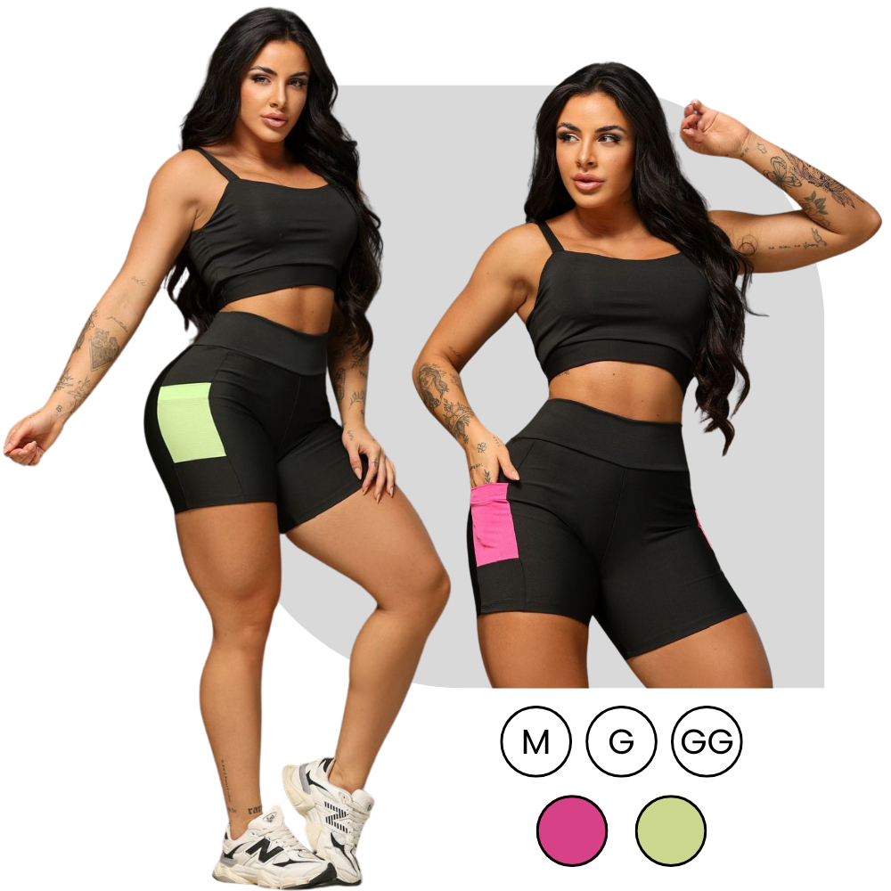 Conjunto Fitness Academia Zero Transparência Top + Short Suplex Legging Treino Cintura Alta Bolsos