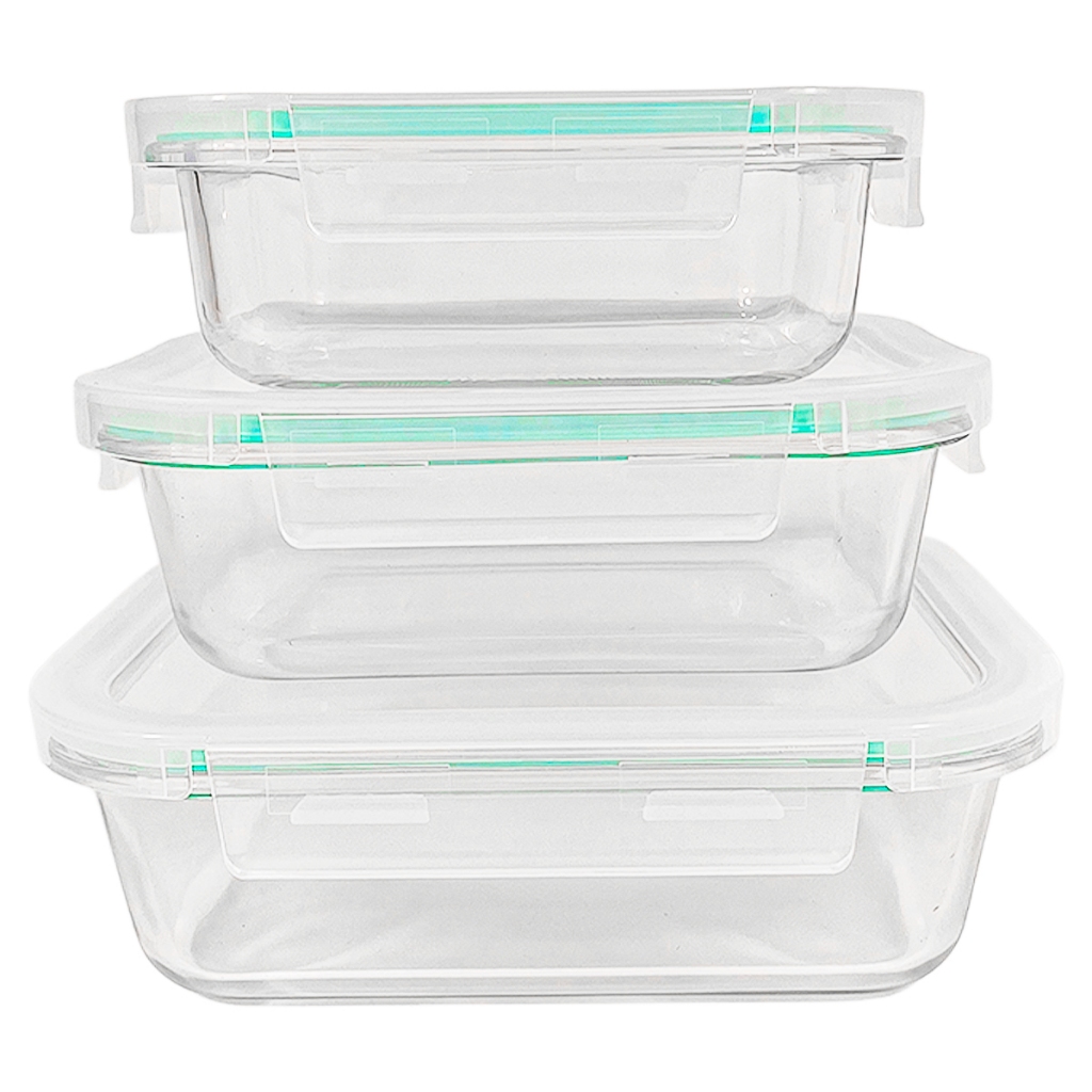 Kit 3 Potes Marmita Fit de Vidro Com Tampa Hermética 370ML 640ML 1040ML