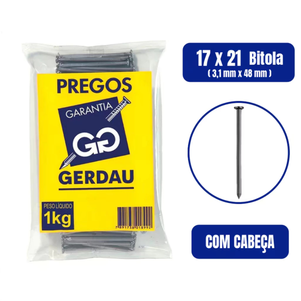 Prego Polido com Cabeça 17x21 / 17x27 1kg - Gerdau