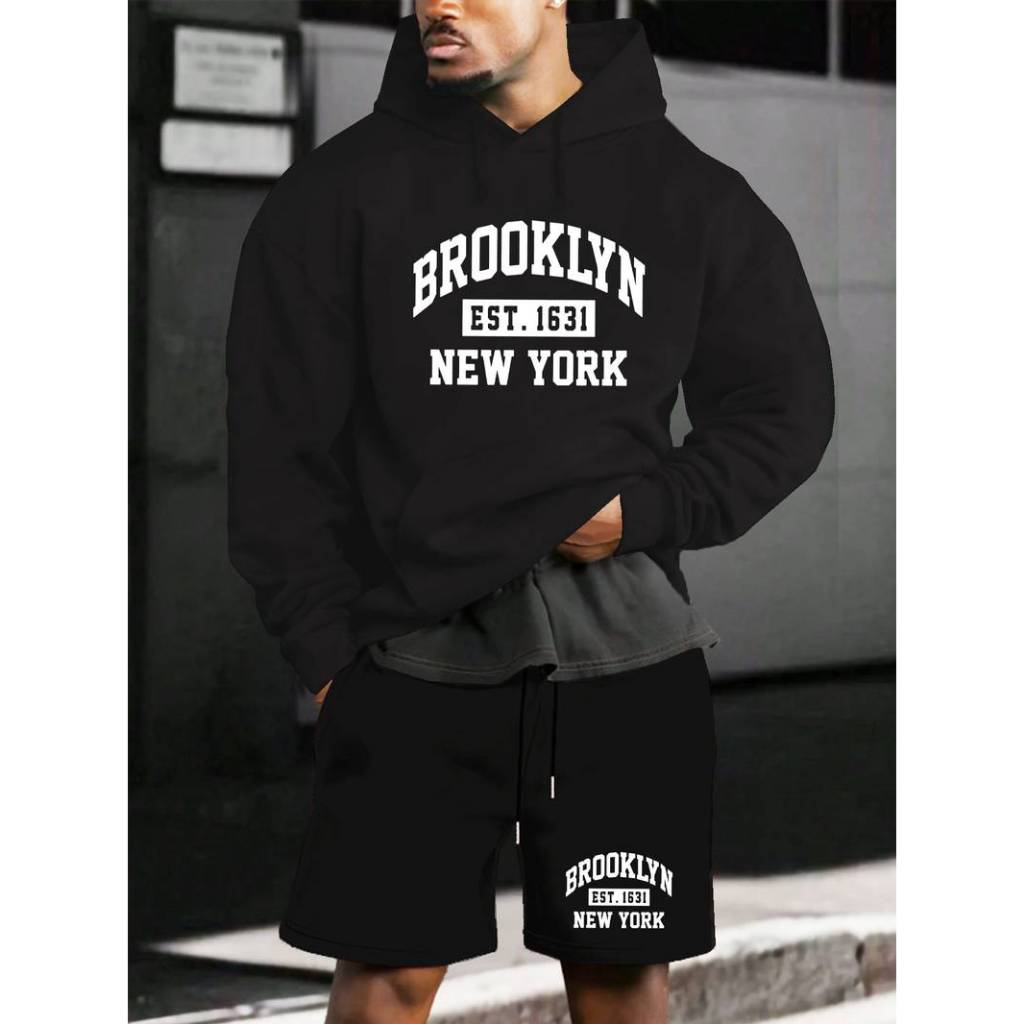 Moletom Canguru Estampado Capuz Shorts Brooklyn Moletinho Bermuda Cordão Flanelado New