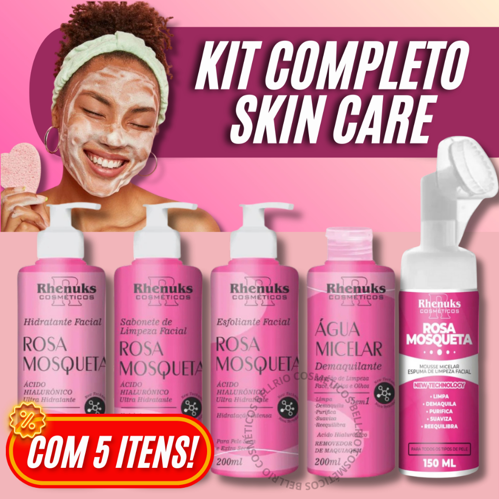 Kit Skin Care Completo Rosa Mosqueta Rhenuks Cosméticos Limpeza Facial com 5 Itens