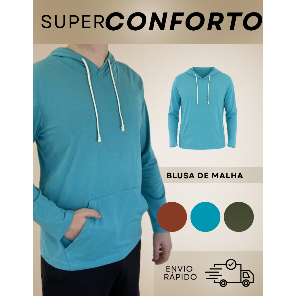 Blusa Masculina Manga Longa com Capuz Bolso Confortável Casual Ideal para Academia Dia a Dia Viagem