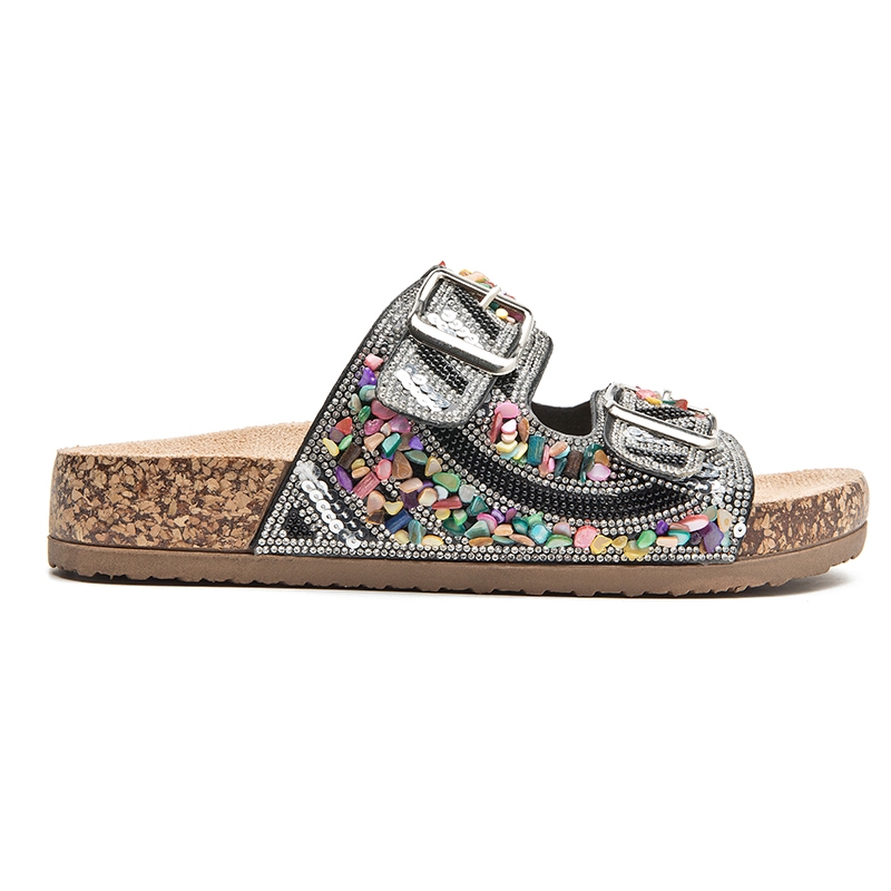 Sandália feminina salto baixo Pedra Colorida Com fivela Birken sandália
