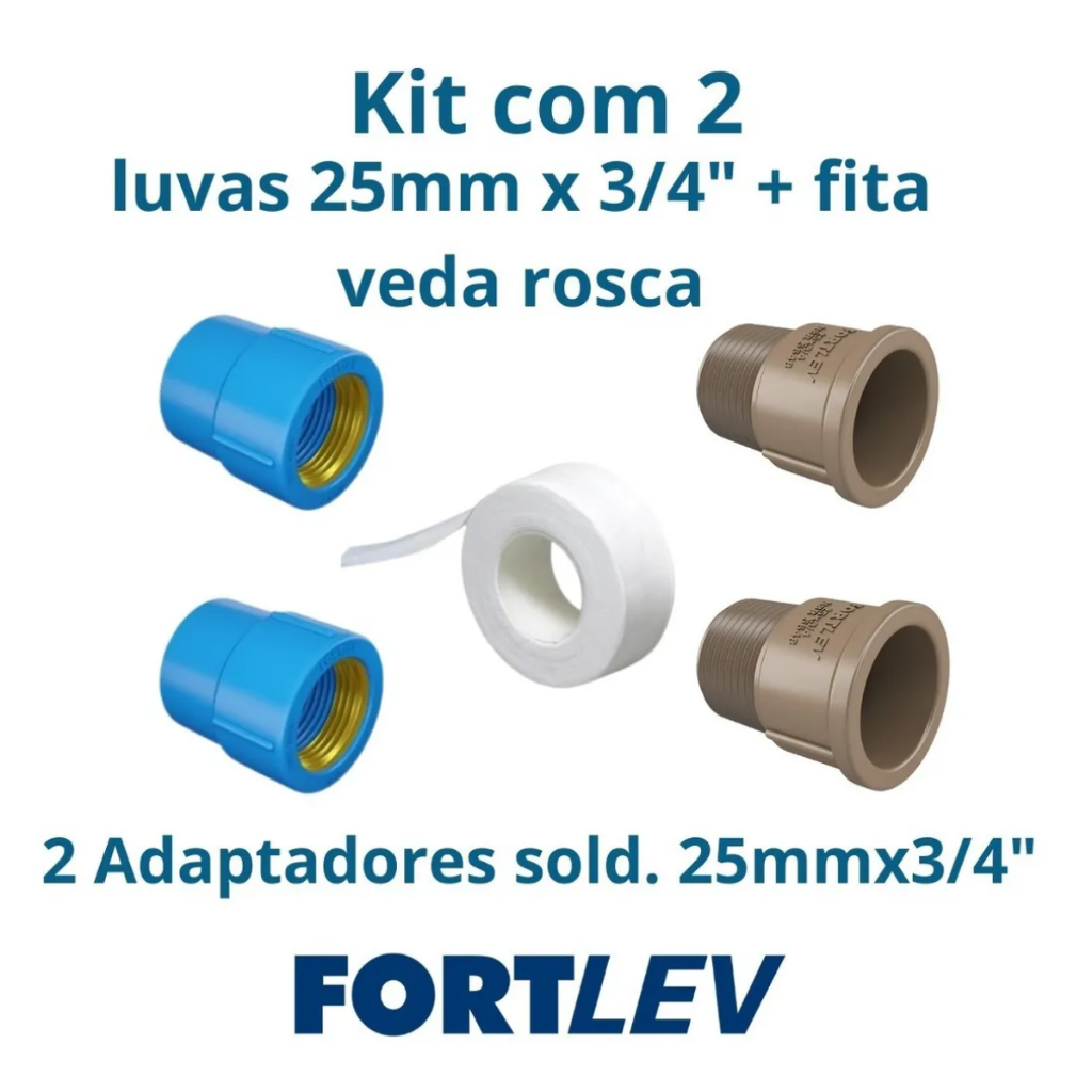Kit 2 Luva Azul 25mm x 3/4 + 2 Adaptador Para Registro 3/4 Fita Veda Rosca Teflon Chuveiro