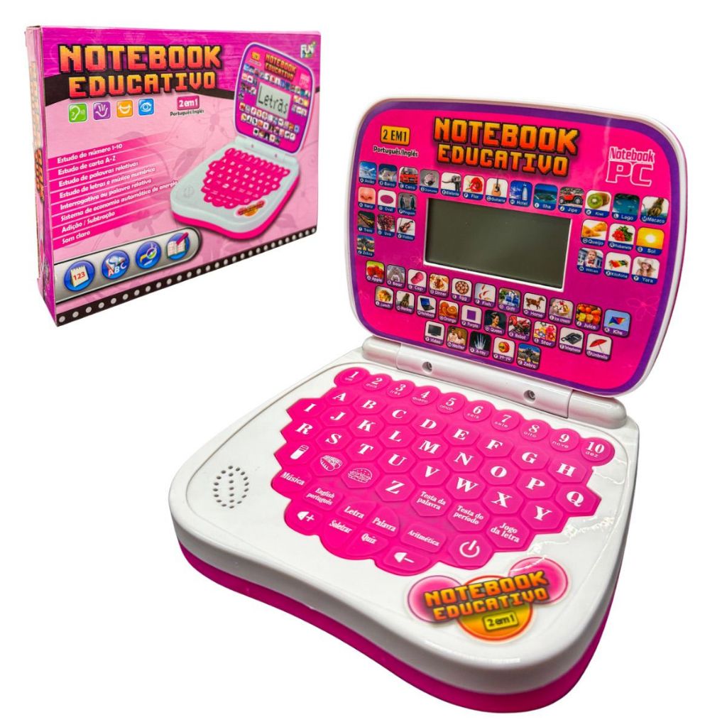 Imagem Brinquedo Notebook Infantil Rosa Menina Educativo Bilíngue Inglês Espanhol Musical Matemática
