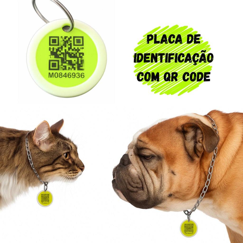 Placa de Identificação Pet com QR Code para Coleira de Cachorro Gato Medalha Pingente Tag