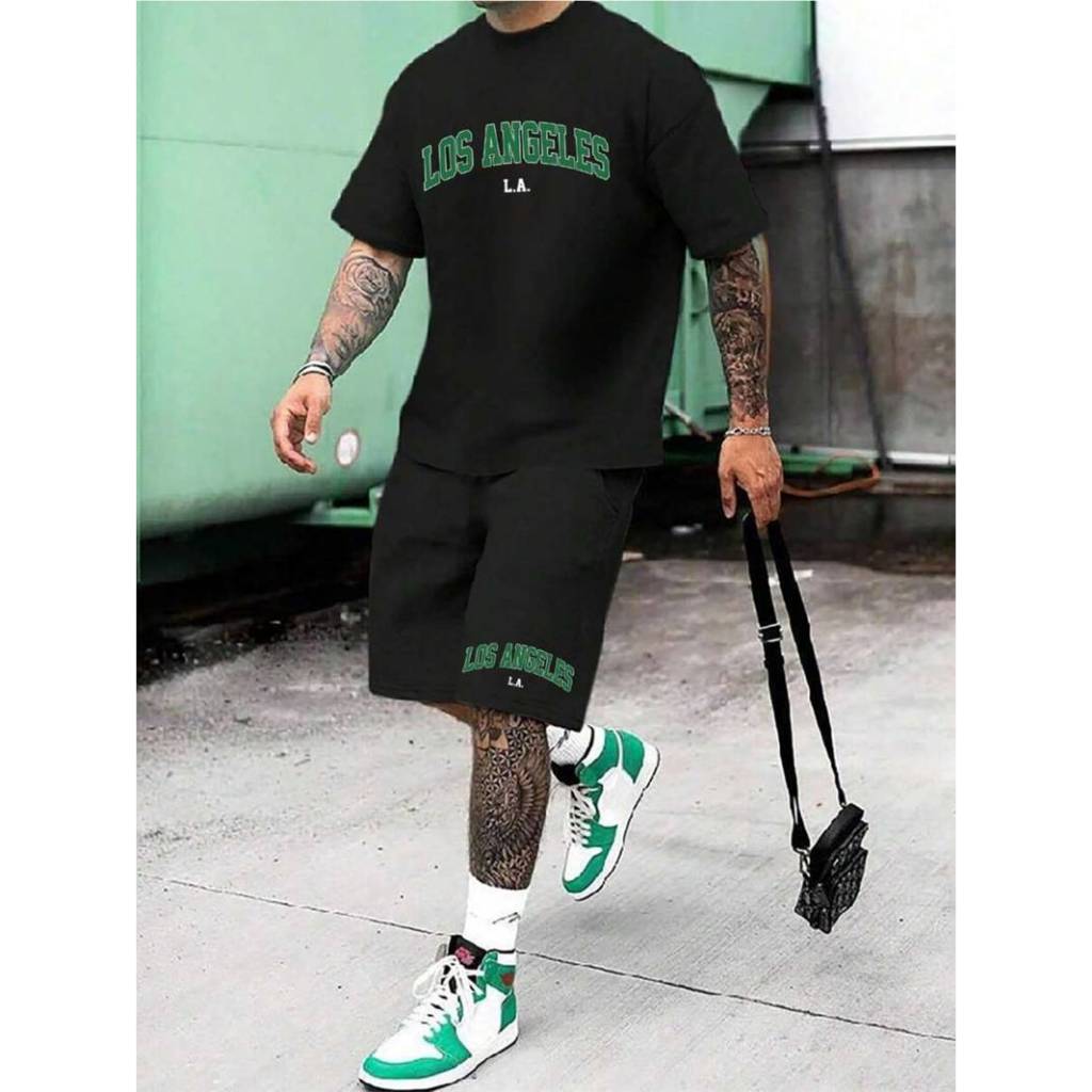 Conjunto Streetwear Oversized Los Angeles Básico Camiseta Shorts Moletinho Bermuda Homens