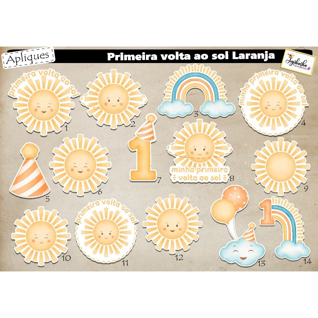 APLIQUES RECORTADOS - PRIMEIRA VOLTA AO SOL LARANJA - LEMBRANCINHAS, TUBETES, DECORAÇÃO, ANIVERSÁRIO em Oferta na Shopee