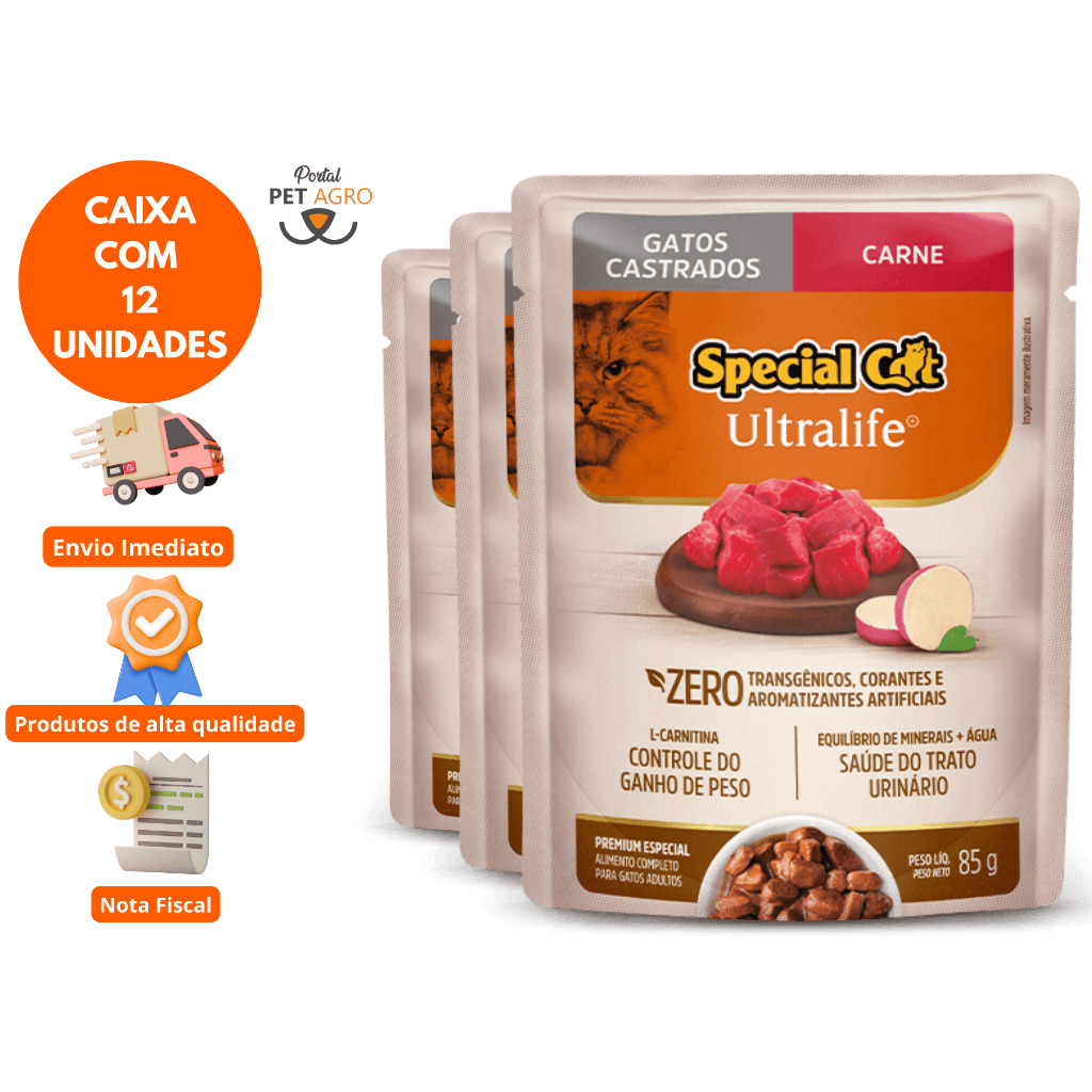 Cx 12 und Petisco Sachê Special Cat Castrado Carne 85 gr