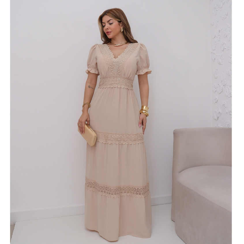 Vestido Casamento Feminino Elegante Longo Manga Bufante Festa Bojo 3RD SD1599