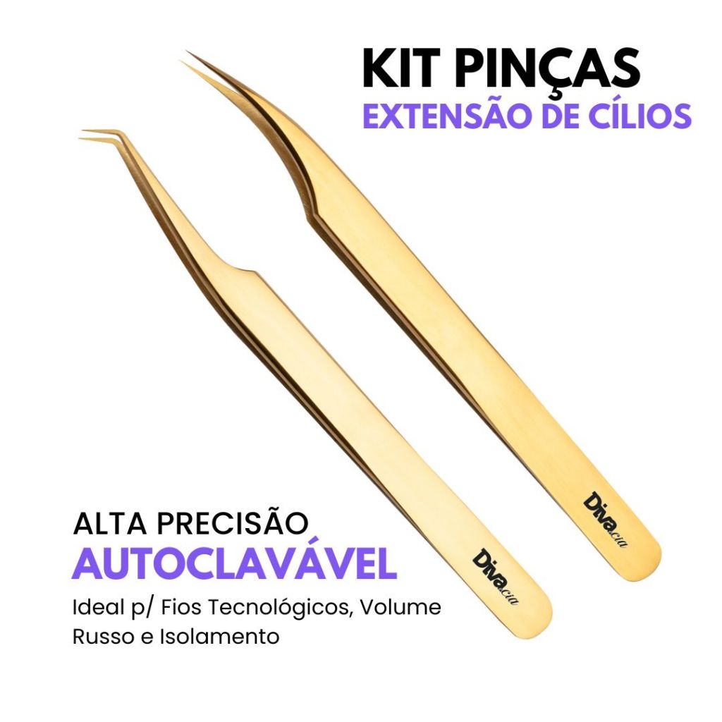 Kit Pinças Extensão de Cílios Volume Brasileiro Fios Tecnológicos Fio a Fio Isolamento Profissional