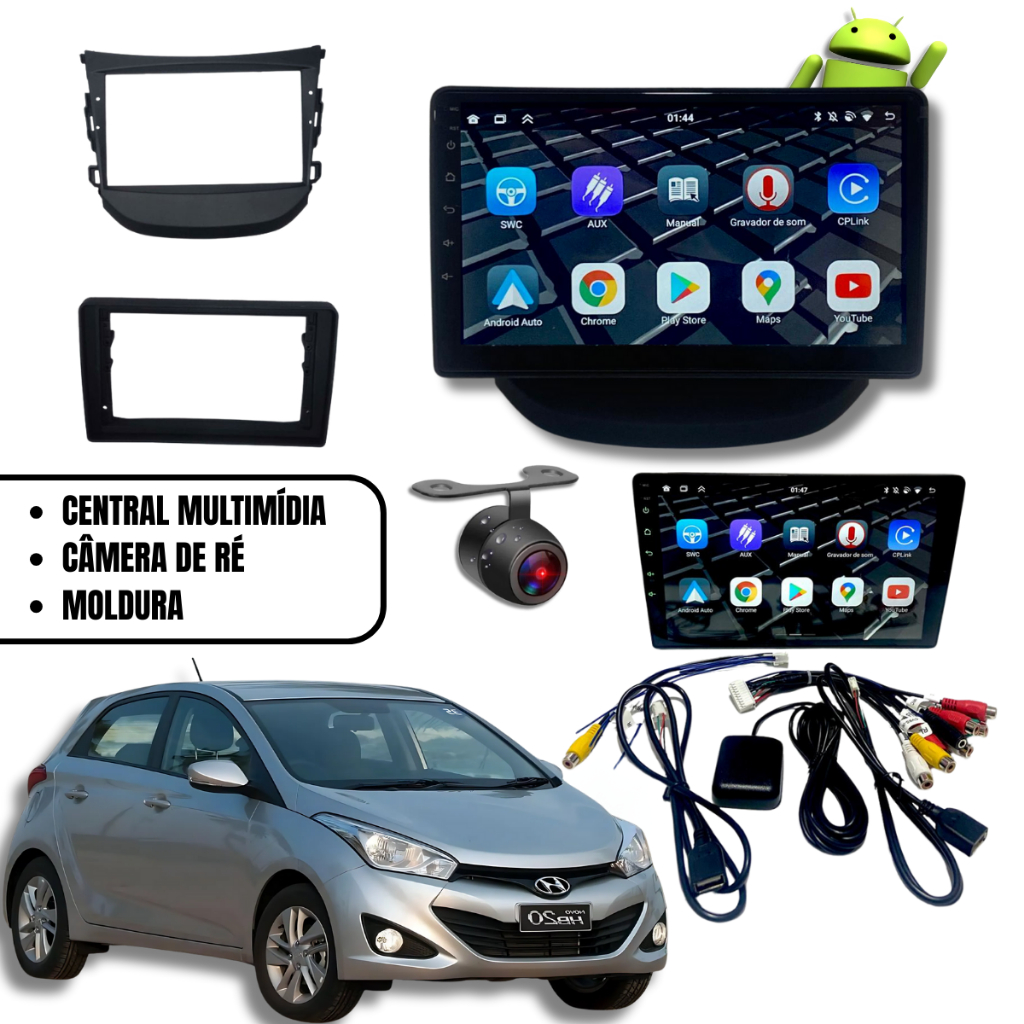 Central Multimídia Android Tela 9''Polegadas Com Moldura E Câmera De Ré Para HB20