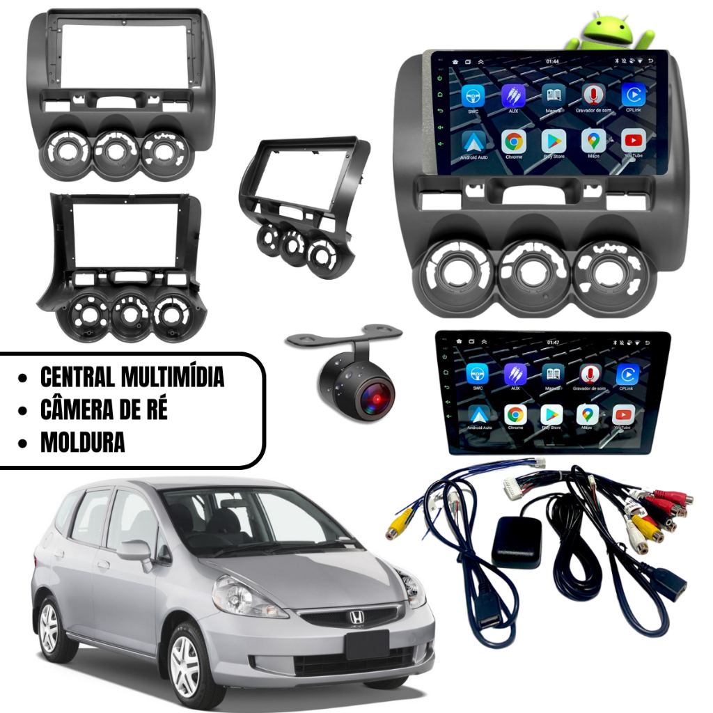 Central Multimídia Android Tela 9''Polegadas Com Moldura E Câmera De Ré Para Honda Fit 04/08