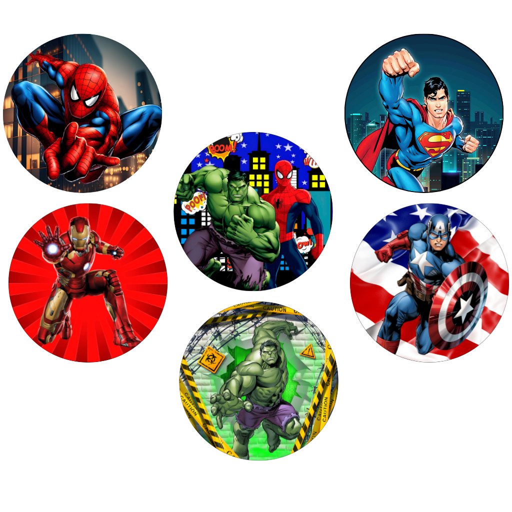 Kit 06 Painéis Redondos 50x50 cm Tecido Sublimado Super Heróis - NÃO É POSSÍVEL ALTERAR OS TEMAS. em Oferta na Shopee