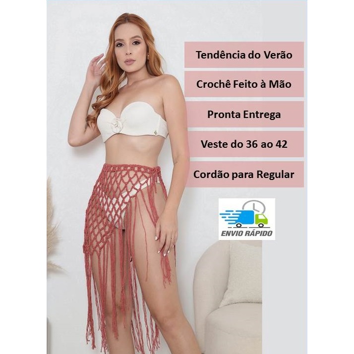 Saída de Praia de Crochê com Franja Feito à Mão Algodão Artesanal canga saida croche rendada macramê