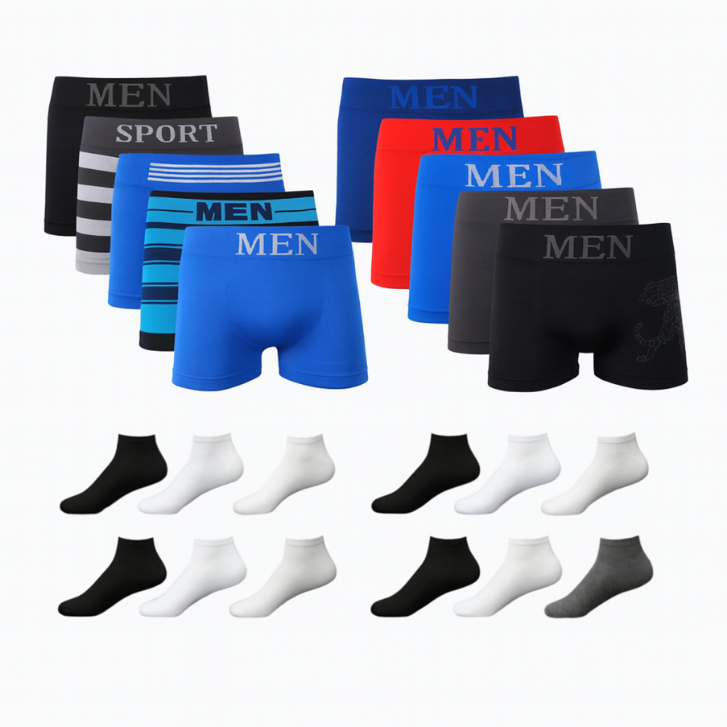 Kit 10 Cueca Boxer Masculino + 12 Pares De Meia Soquete- Cores Variadas