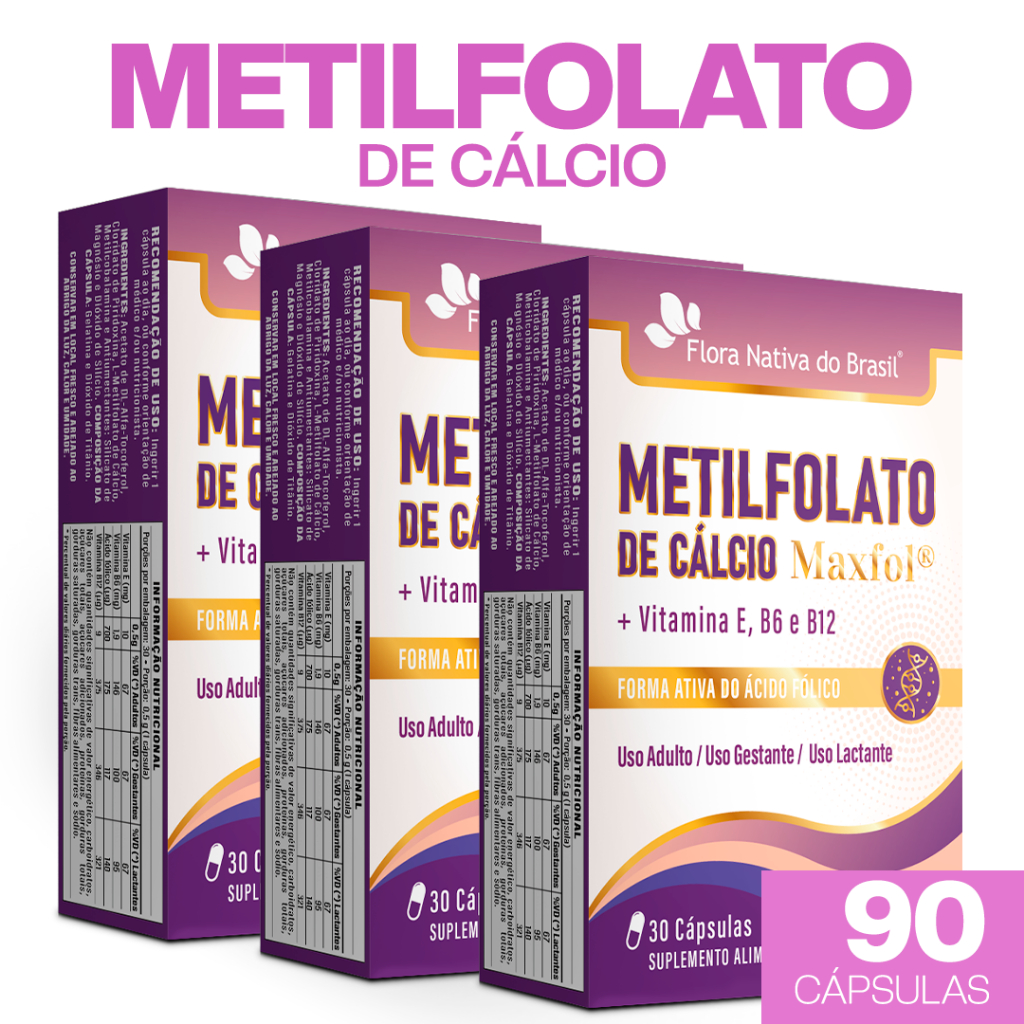 KIT 3 Metilfolato de Cálcio Maxfol + Vit E 10mg Vit B6 1,9mg Acd Fol 700mcg Vit B12 9mcg 90 Caps