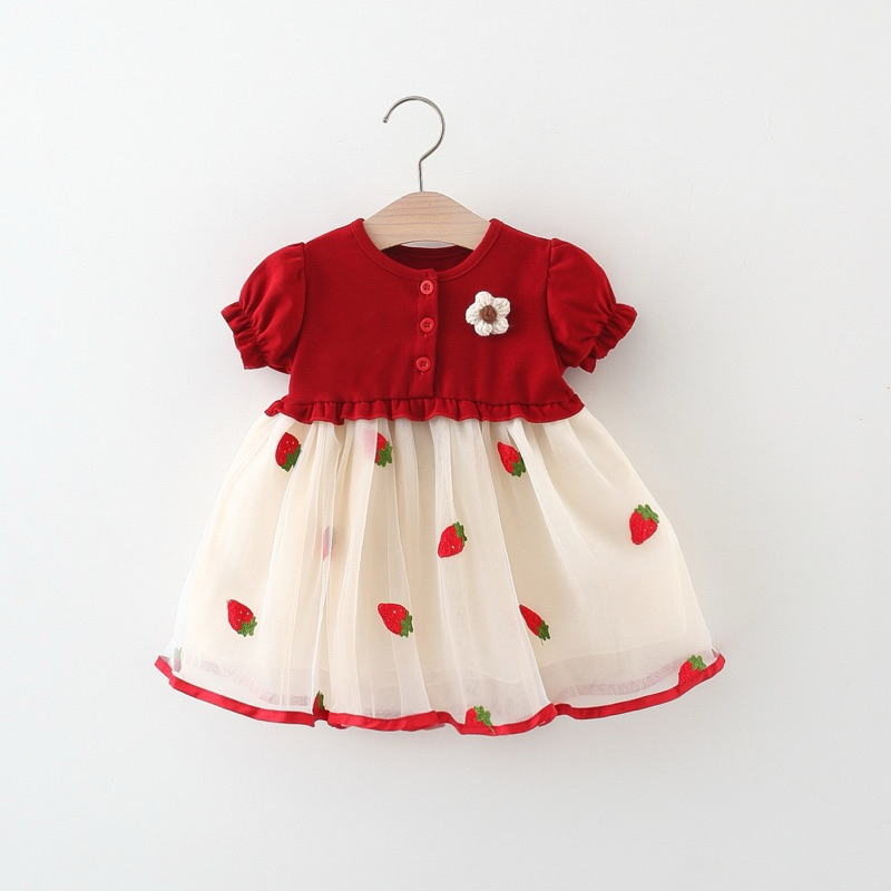 Vestido Infantil menina manga vermelho tule estampada com florzinha encantado